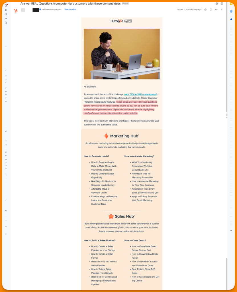 Screenshot from HubSpot Affiliate team sharing content ideas based on the real questions their customers search/ask on various online forums.
