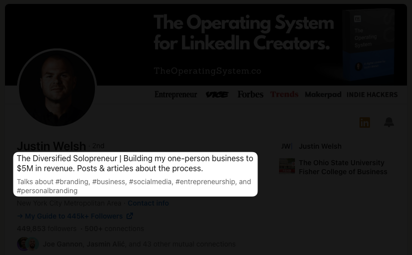 An image on shubhamdavey.com showing headline & creator mode on Justin Welsh's Linkedin profile