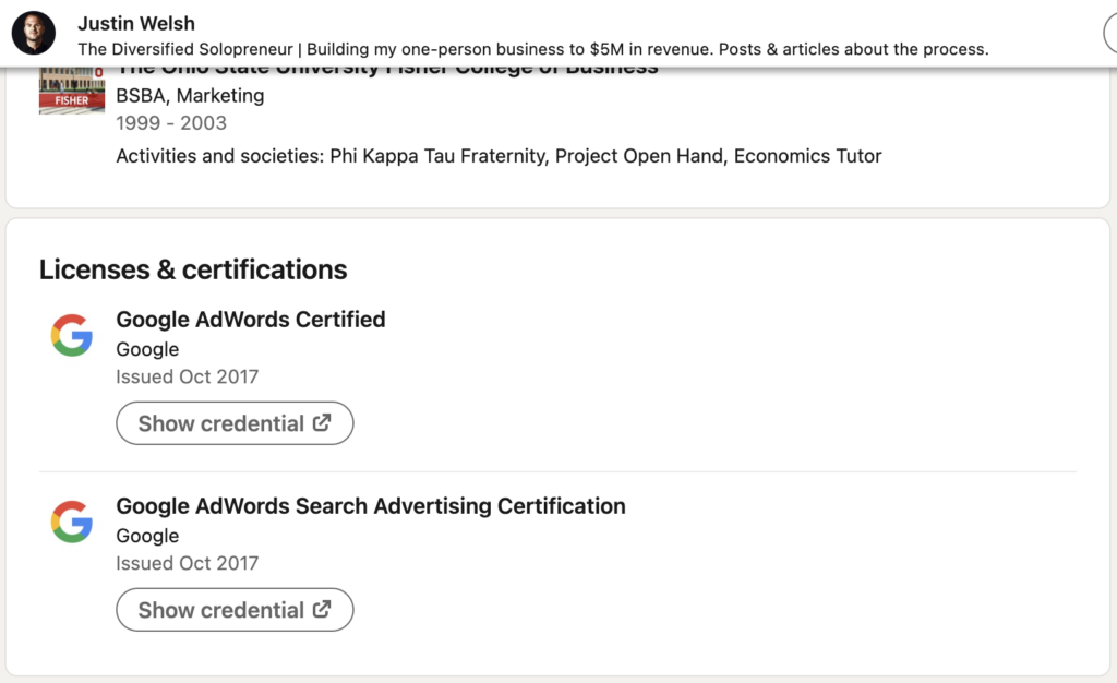 An image on shubhamdavey.com showing accomplishments & certifications on Justin Welsh's Linkedin profile