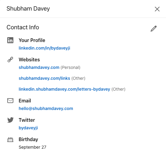 An image on shubhamdavey.com showing contact info popup on Linkedin profile