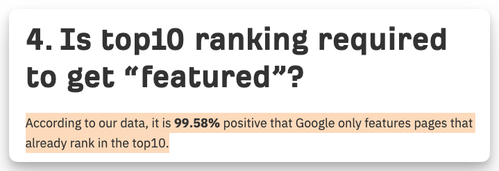 An image on Letters Bydavey showing a screenshot from Ahrefs study on featured snippet. It highlights that 99.58% pages that ranked for featured snippets first ranked in top 10 on SERPs.