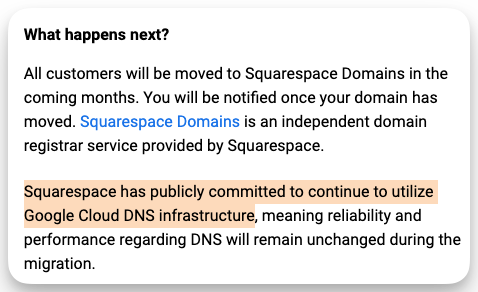 Image on shubhamdavey.com showing Squarespace's commitment to use Google Cloud DNS infrastructure after acquisition is complete.