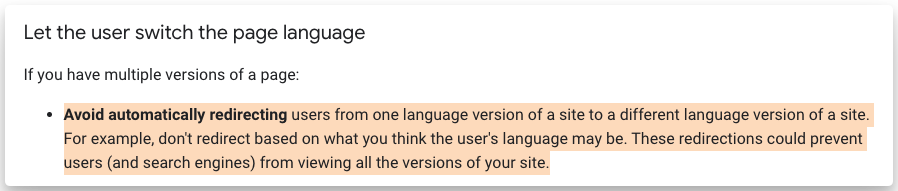An image on shubhamdavey.com showing a highlighted text from Google search documentation that talks about automatically redirecting users to translated language based on their location is not user friendly & good for international SEO.