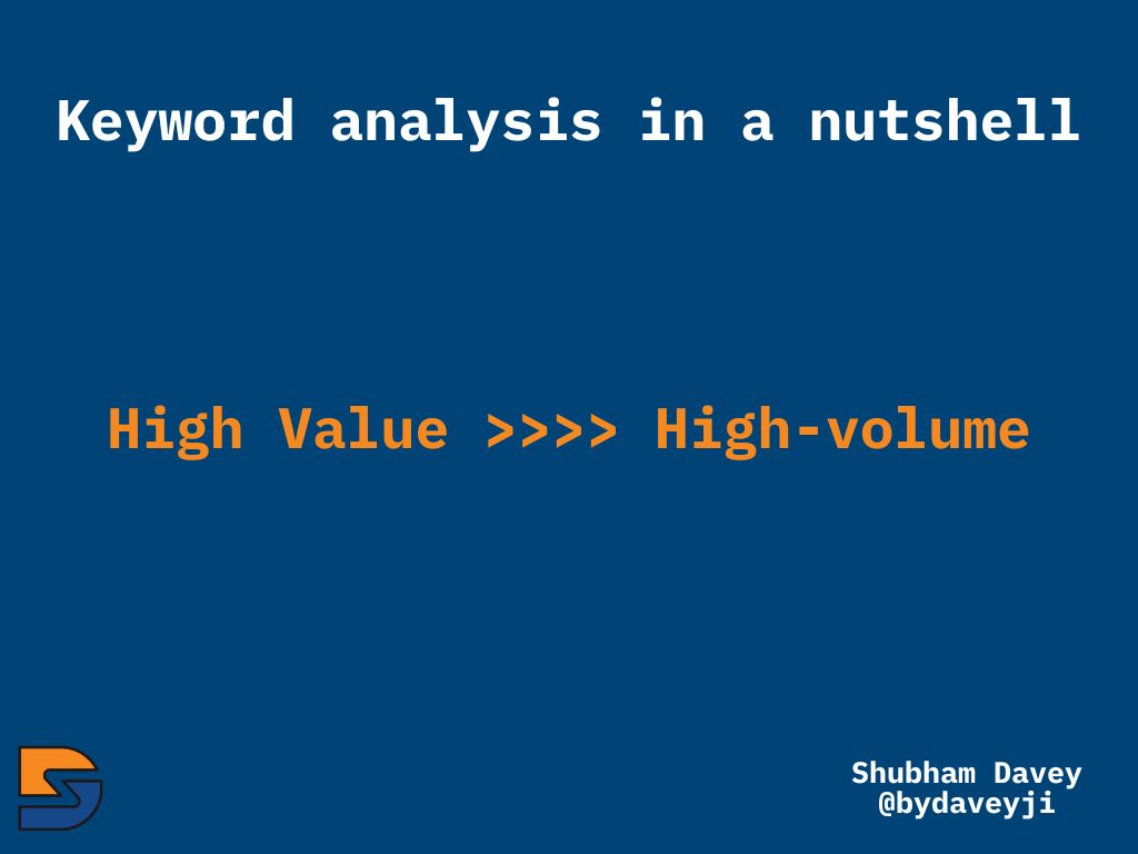 An image on shubhamdavey.com showing keyword analysis in a nutshell. Focus on high value keywords over high volume keywords.