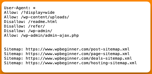 An image on shubhamdavey.com showing wpbeginner's robots.txt file where multiple sitemaps are added.