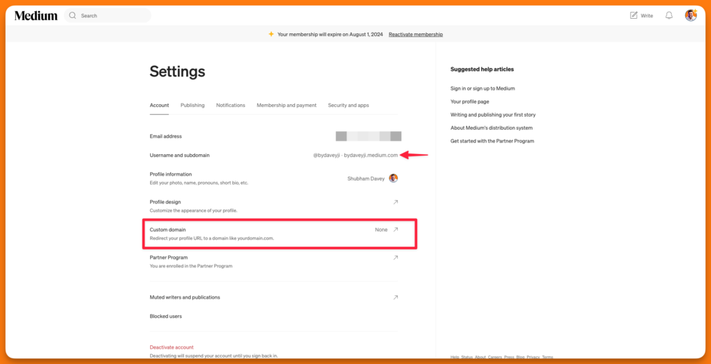 Custom domain settings for a Medium profile