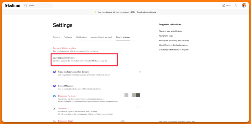 A screenshot showing how to download data to export from Medium to WordPress.