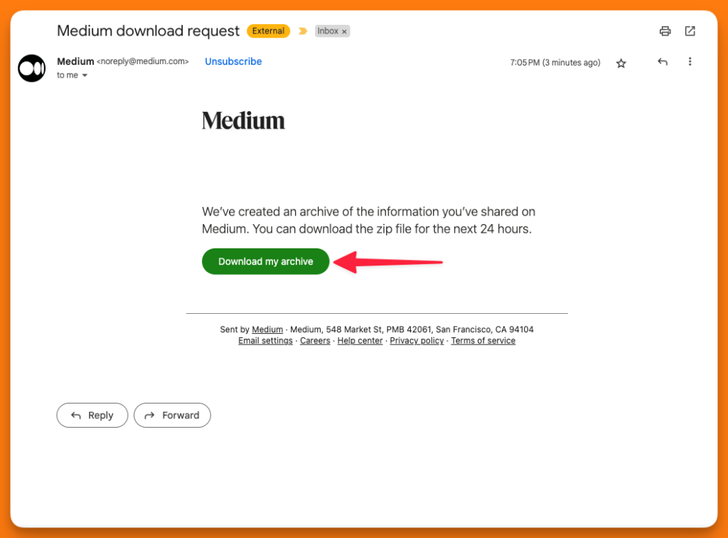 A screenshot email message to download data to export from Medium to WordPress.