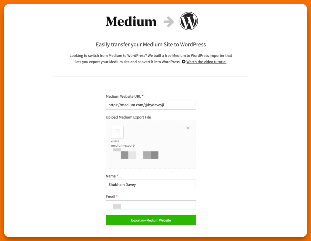 A screenshot of a tool to convert downloaded data from Medium to WordPress compatible file format.