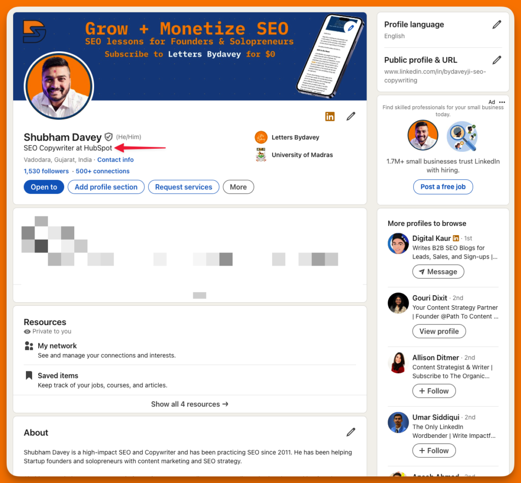 A screenshot of Shubham Davey's LinkedIn profile, pointing out his headline as part of Linkedin profile optimization