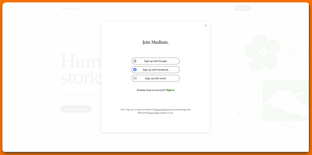 A screenshot of Medium login page on shubhamdavey.com