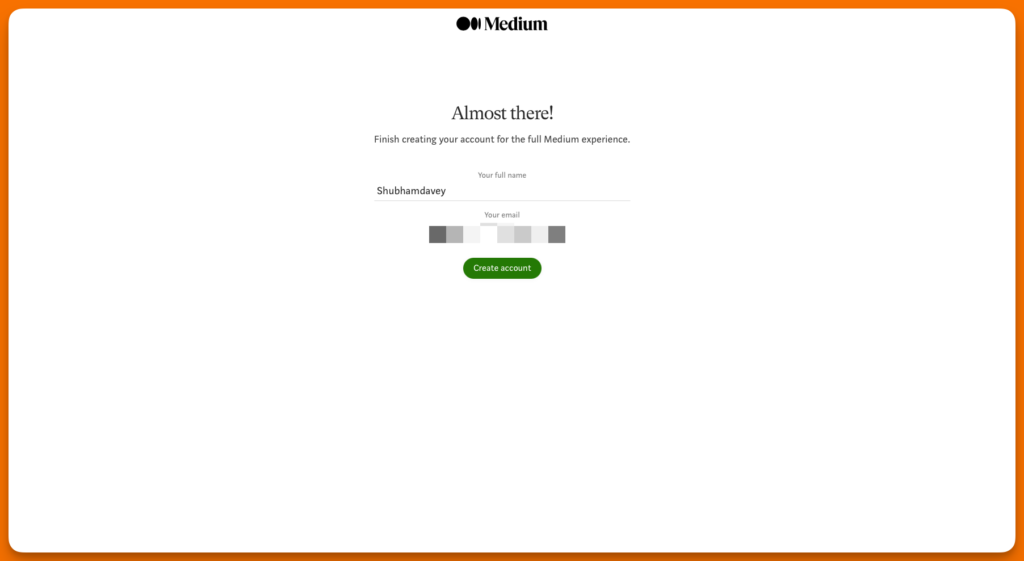 A screenshot of Medium profile name setup for a new user on shubhamdavey.com