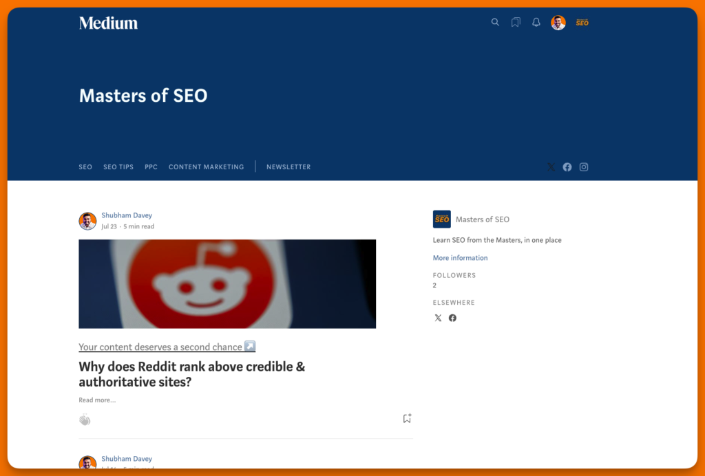 A screenshot of a Medium publication  (Masters of SEO) owned by Shubham Davey.