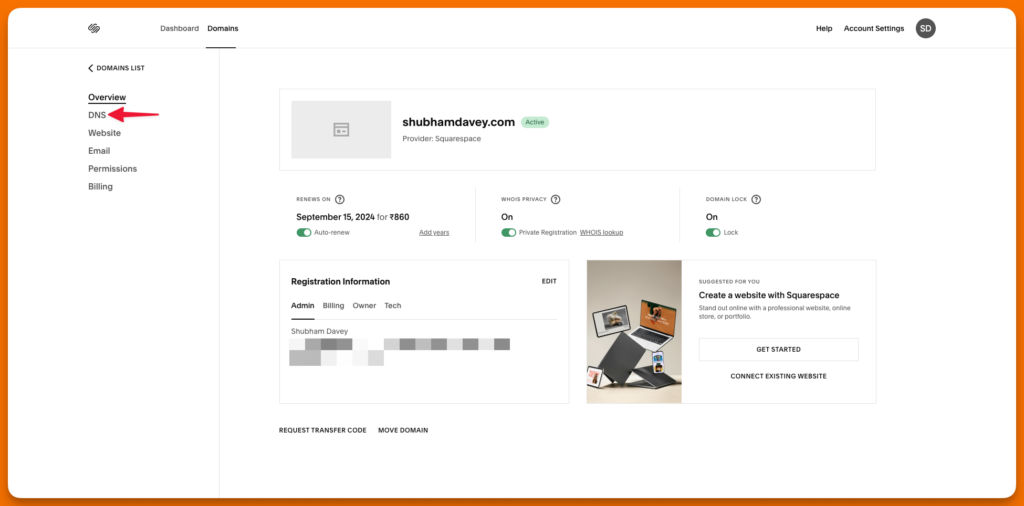 A screenshot of a domain registrar pointing towards DNS settings to connect a custom domain to Medium profile.