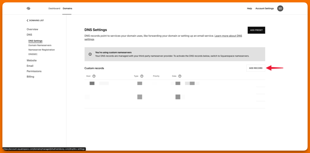 A screenshot showing how to create a new record in domain registrar to add DNS settings & connect a custom domain to Medium profile.