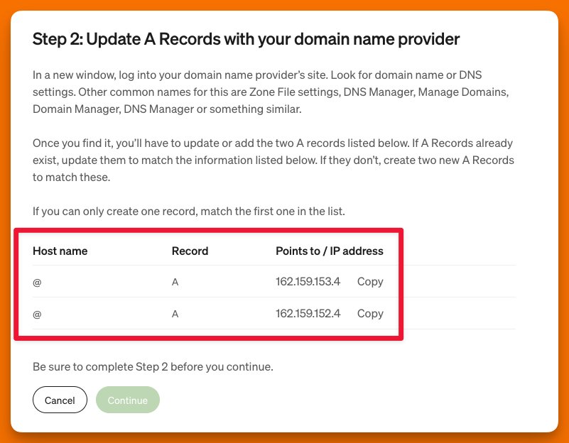 A screenshot highlighting DNS records from Medium that should be added to a domain registrars's DNS setting to connect a custom domain to Medium profile.