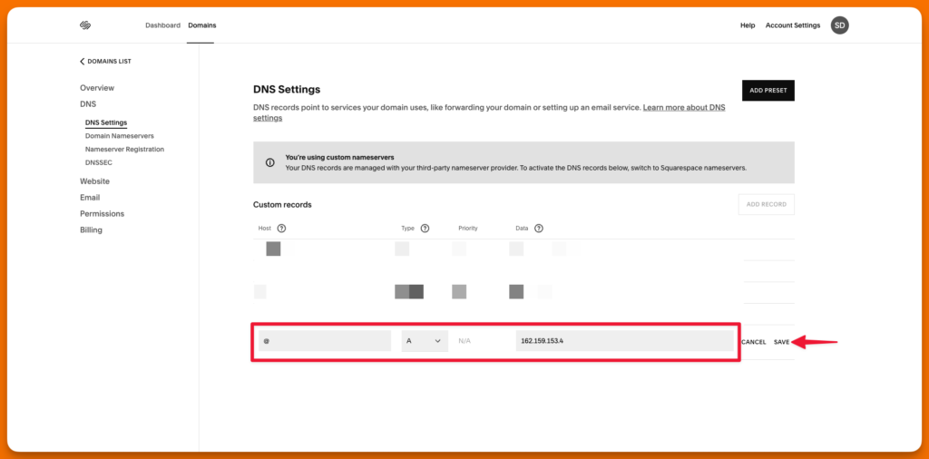 A screenshot showing how to save a DNS record on a domain registrar