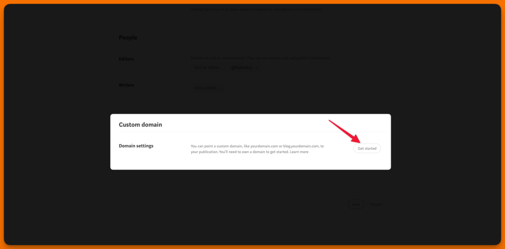 A screenshot showing how to custom domain settings under a Medium publication & connect a custom domain to the publication.