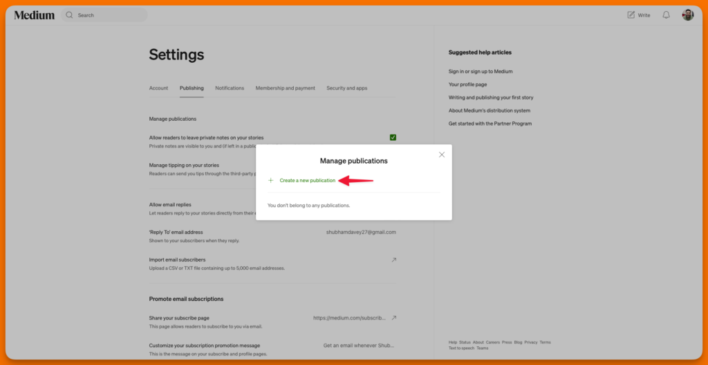 A screenshot showing steps to create a medium publication.