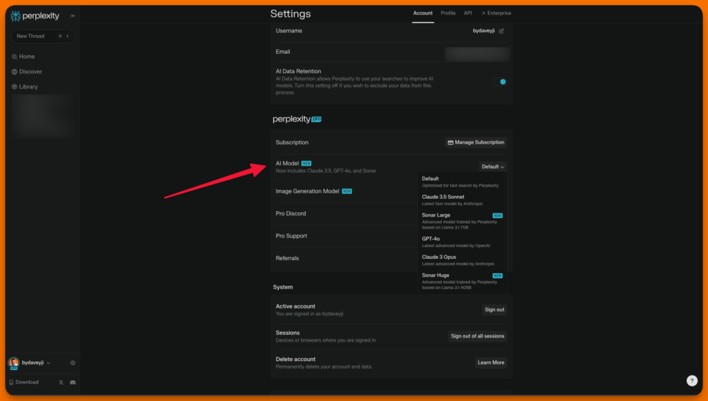 A screenshot from Perplexity AI's dashboard showing how to choose a AI generation model for text and image generation.