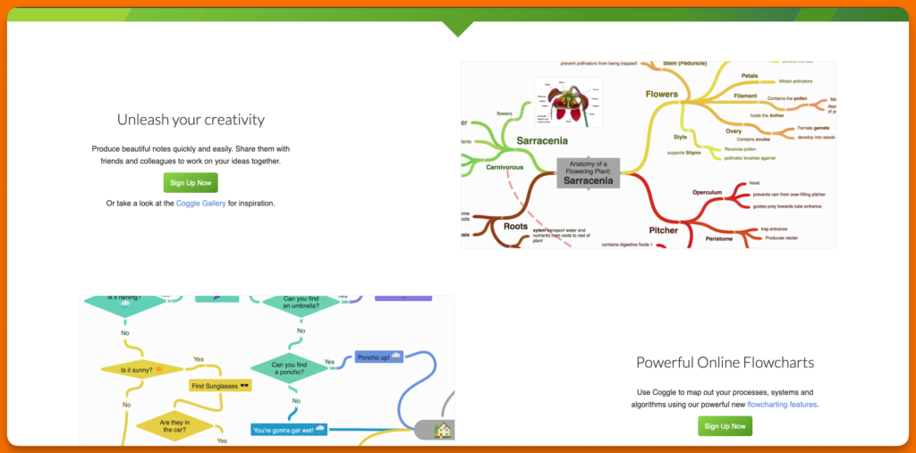 Screenshot of Coggle, mind mapping tool's homepage. 