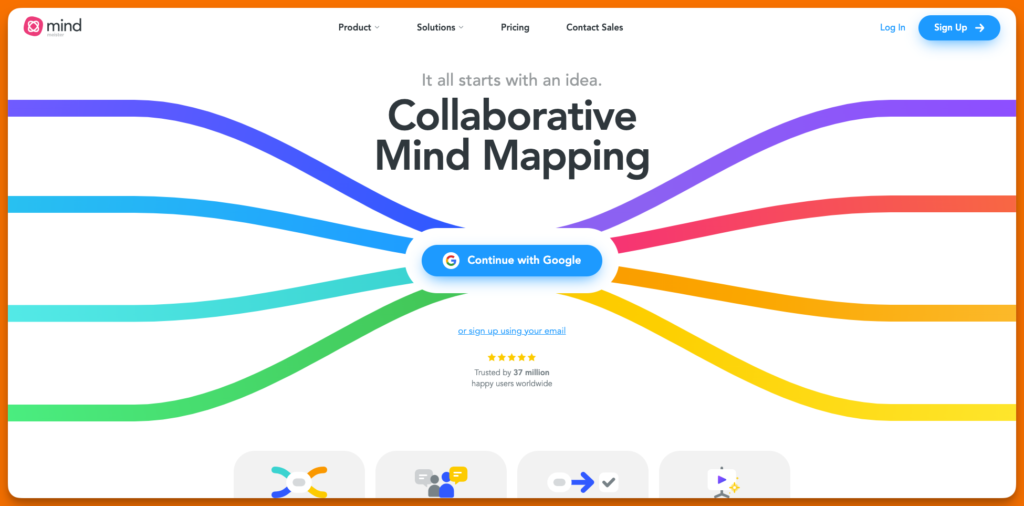 Screenshot of MindMeister, mind mapping tool's homepage. 