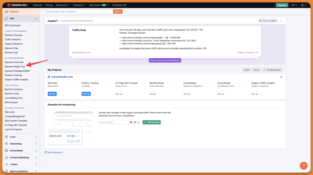 Semrush dashboard on shubhamdavey.com's post on reducing CAC showing keyword magic tool.