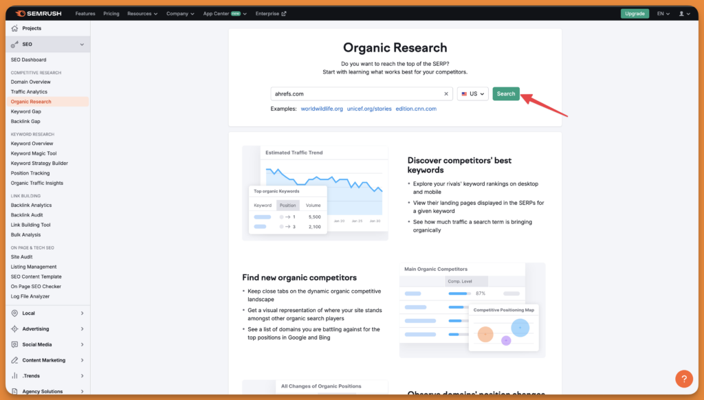 Semrush's organic research dashboard to find keywords from websites