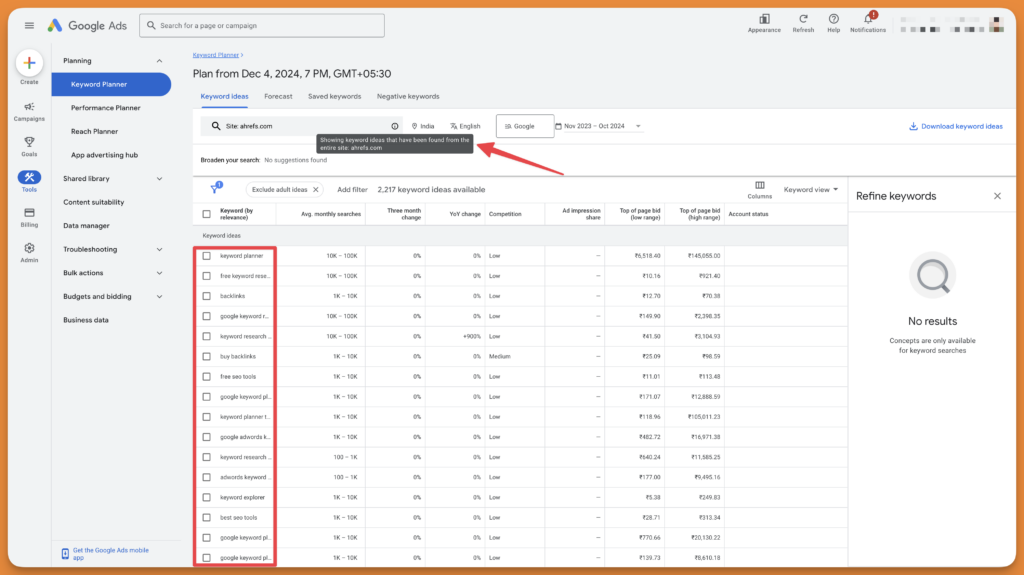 Keyword planner within Google Ads dashboard to find keywords gap in specified domains.