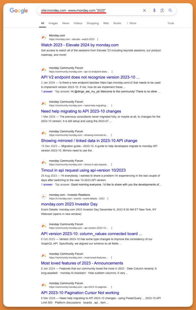 Screenshot from Google search operator to find all pages mentioning specified tools except specified domains.