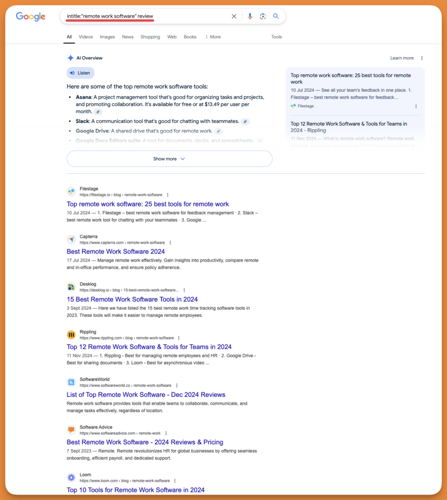 Screenshot of Google search operator to find all pages mentioning specific tools except specific domains.