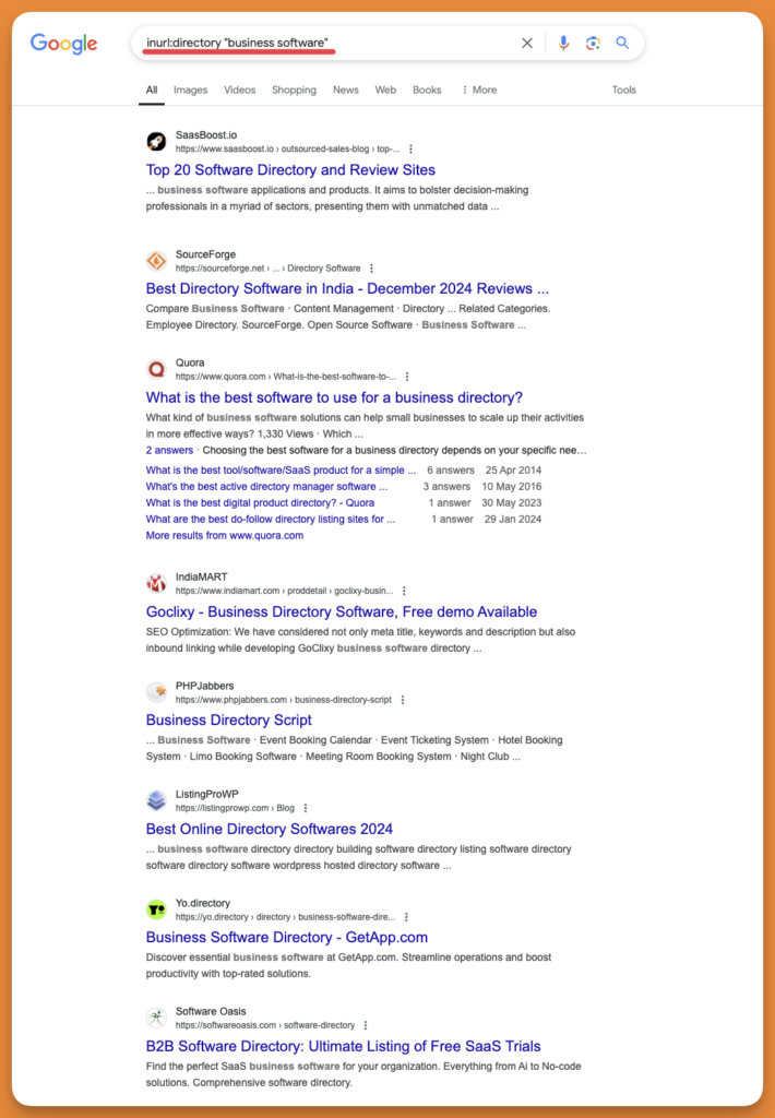 Screenshot of Google search operator that looks for specified words in a URL.