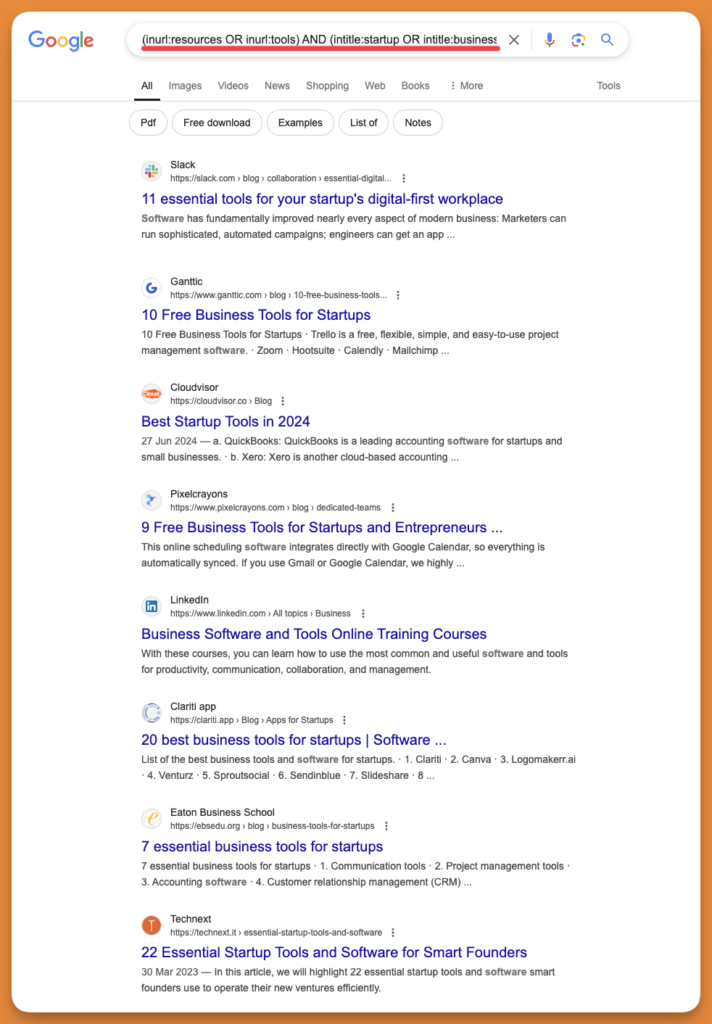 Screenshot of Google search operator that finds review or comparison pages mentioning project management software, excluding major review platforms.