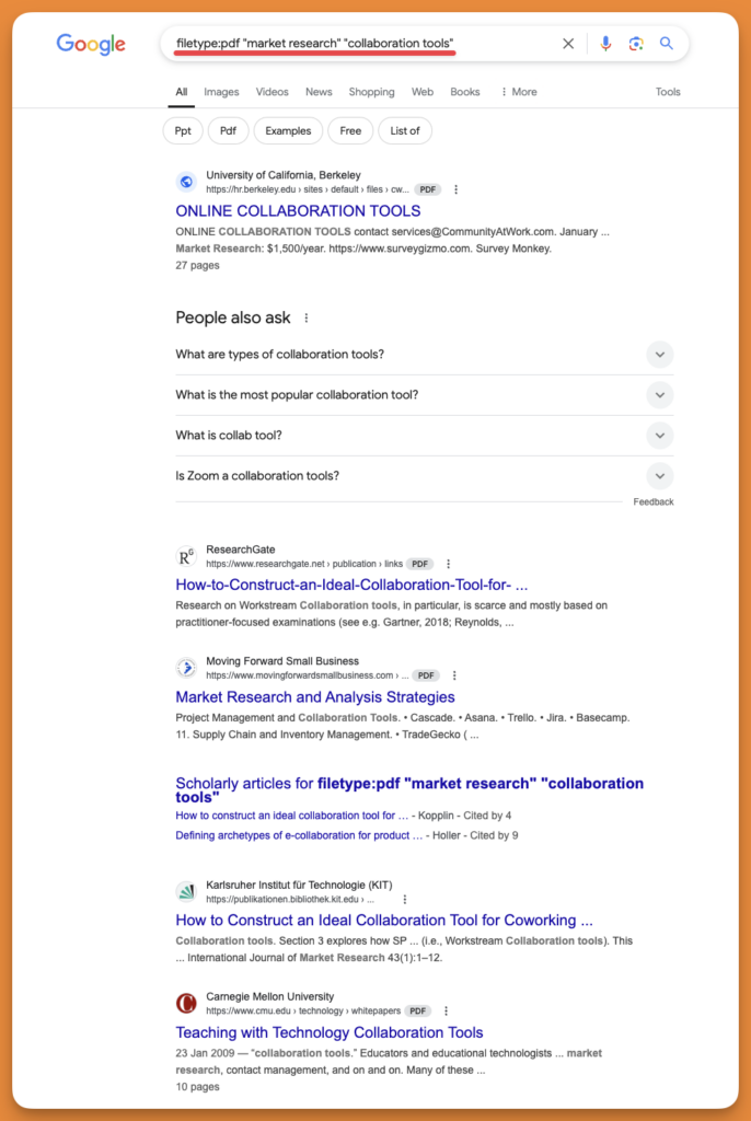 Screenshot of Google search operator helps you find presentations, whitepapers, and reports that mention your competitors or industry solutions.