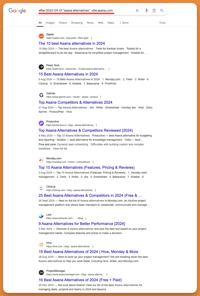 Screenshot of Google search operator helps you find timely link opportunities and track when competitors are getting featured.