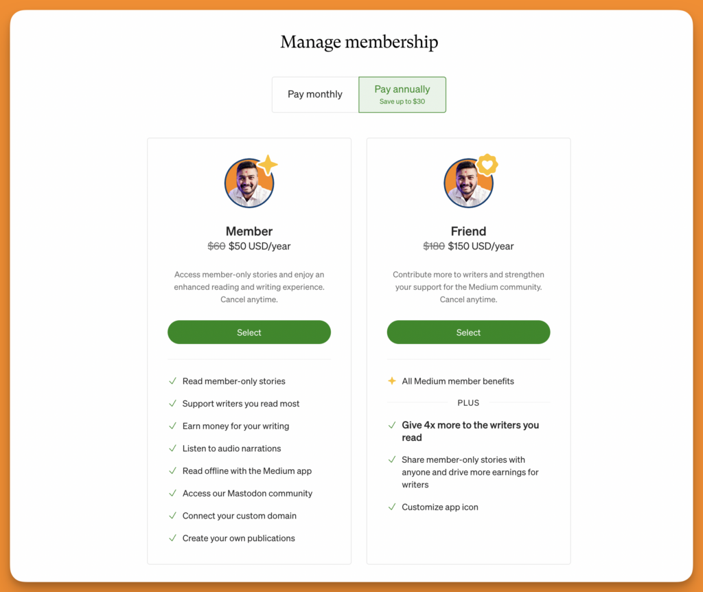 Screenshot of medium.com membership plans.