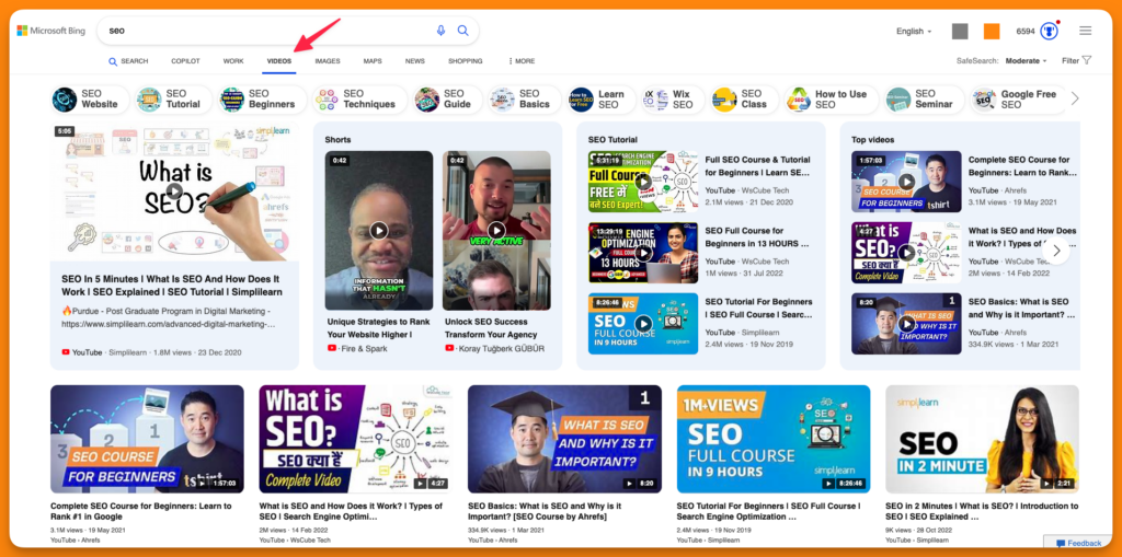 Video search results on Bing search