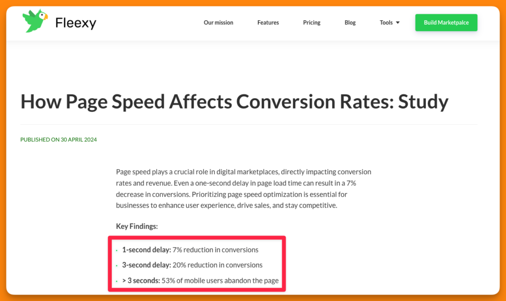 Screenshot from Flexxy highlighting how 1 second delay costs 7% reduction in conversions.