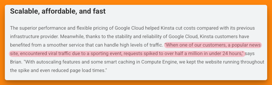 Screenshot from Google Cloud Kinsta case study highlighting how scalable Google Cloud & hence Kinsta's servers are.