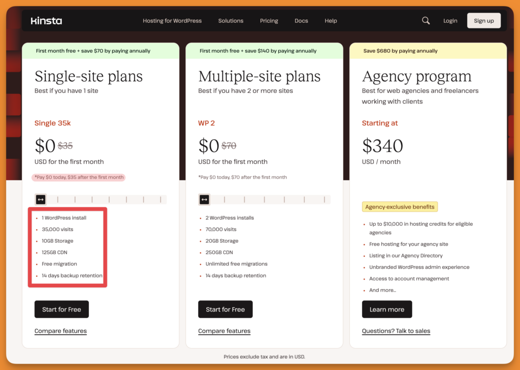 Screenshot of Kinsta pricing highlighting Single site plans and it's benefits.