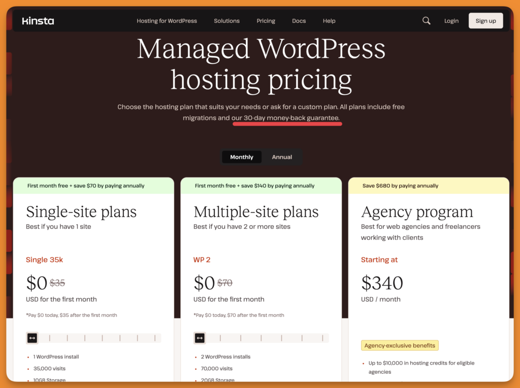 Screenshot of Kinsta pricing highlighting 30 day money back guarantee. 