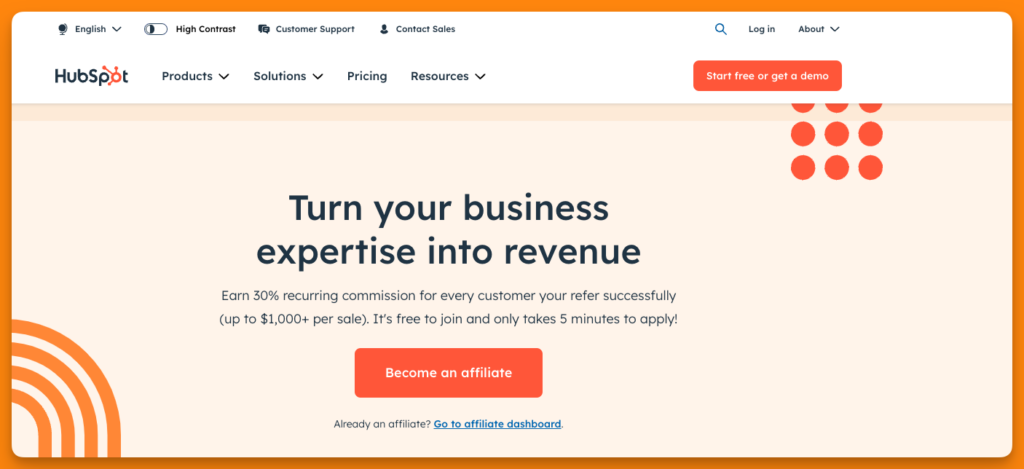 High paying affiliate program HubSpot affiliate landing page