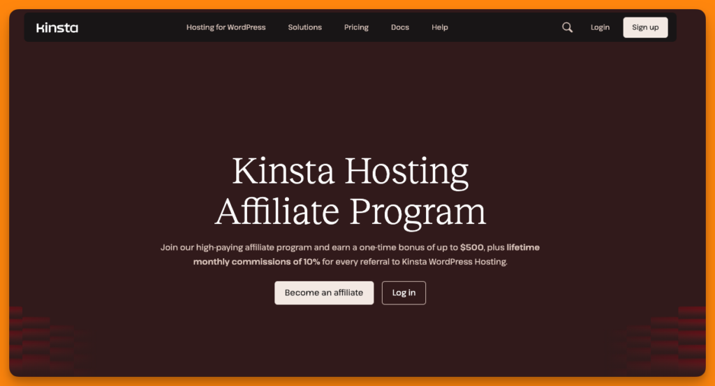 High paying affiliate program Kinsta affiliate landing page.