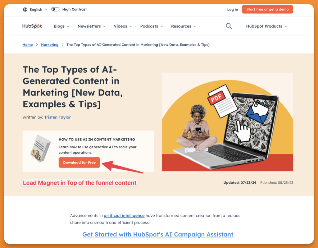 CleanShot 2025 04 07 at 19.22.07@2x Screenshot of a HubSpot blog post showing lead magnets in top of the funnel blog posts.