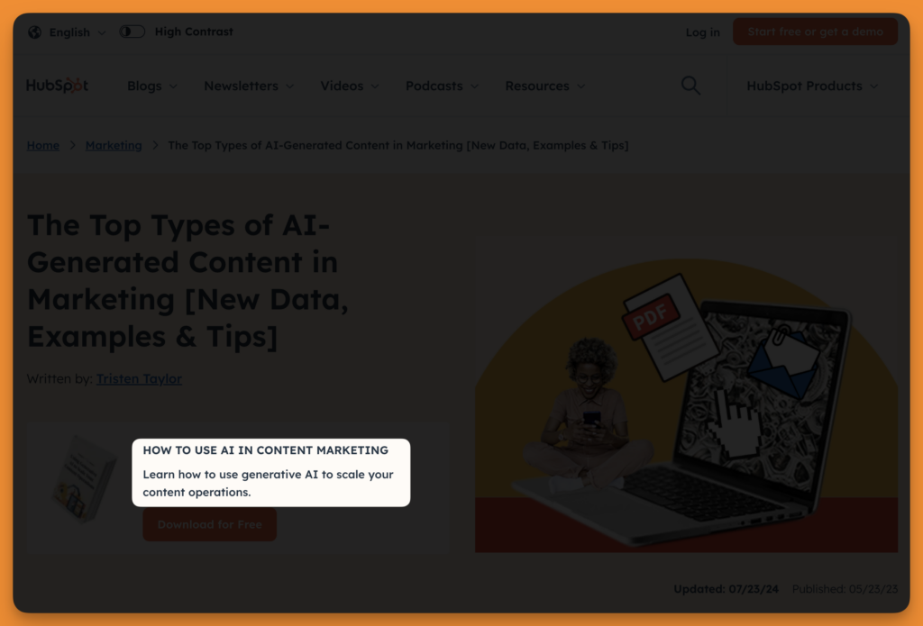 CleanShot 2025 04 07 at 19.53.45@2x Screenshot from HubSpot blog showing qualifying topic of lead magnets in top of the funnel traffic.