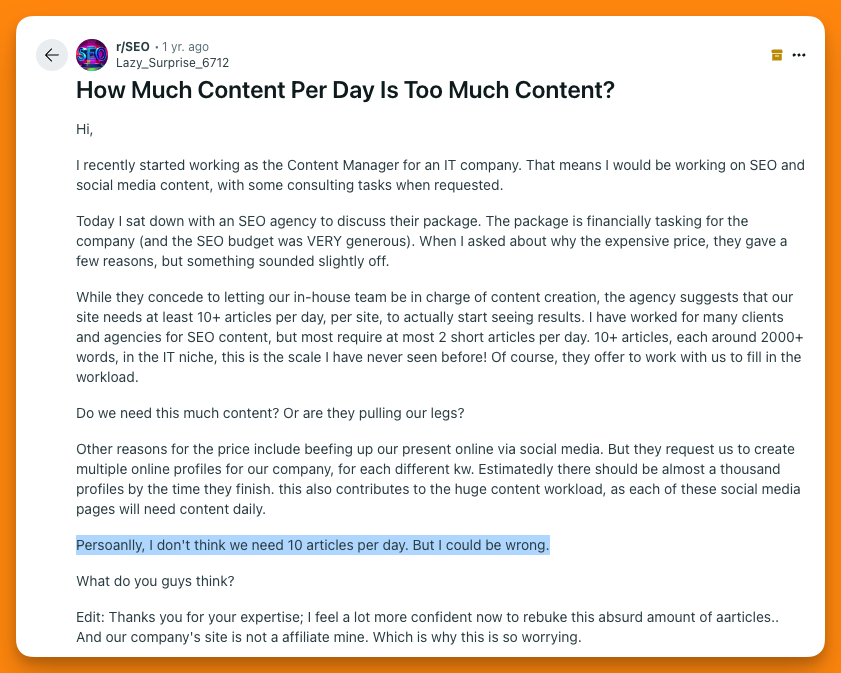 CleanShot 2025 04 27 at 11.56.29 SaaS founder's pain around content marketing strategy on Reddit