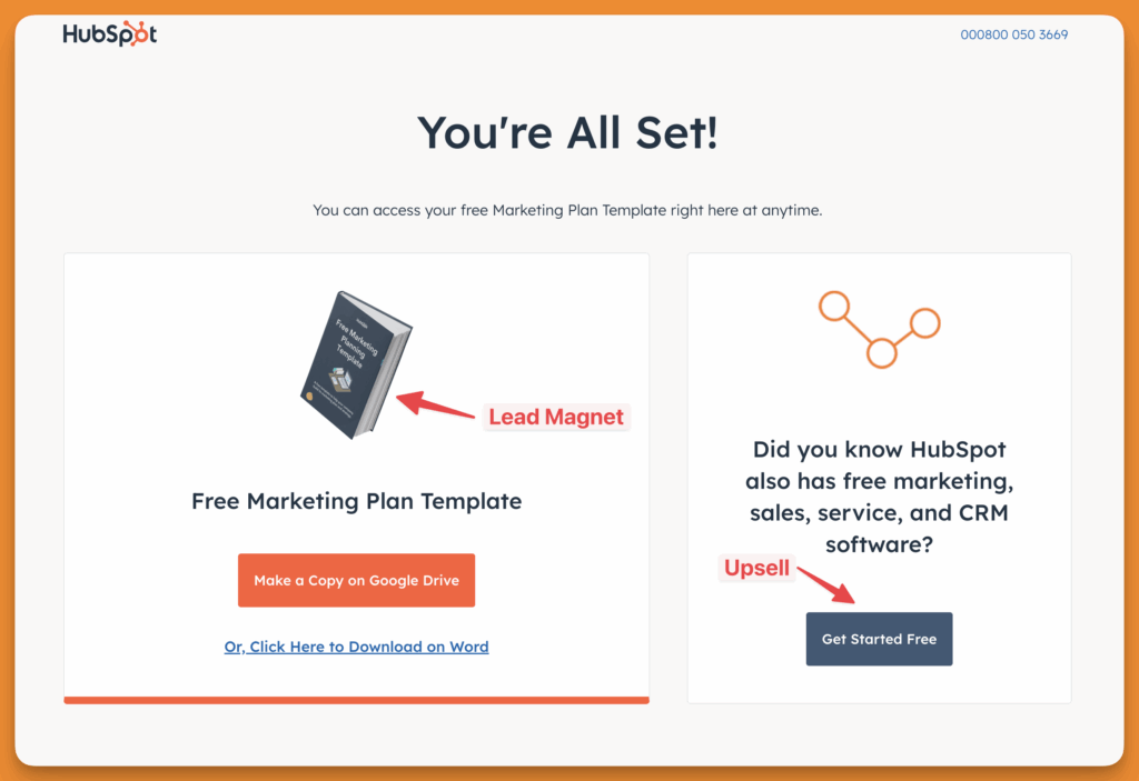 HubSpot lead magnet thank you page upsell example.