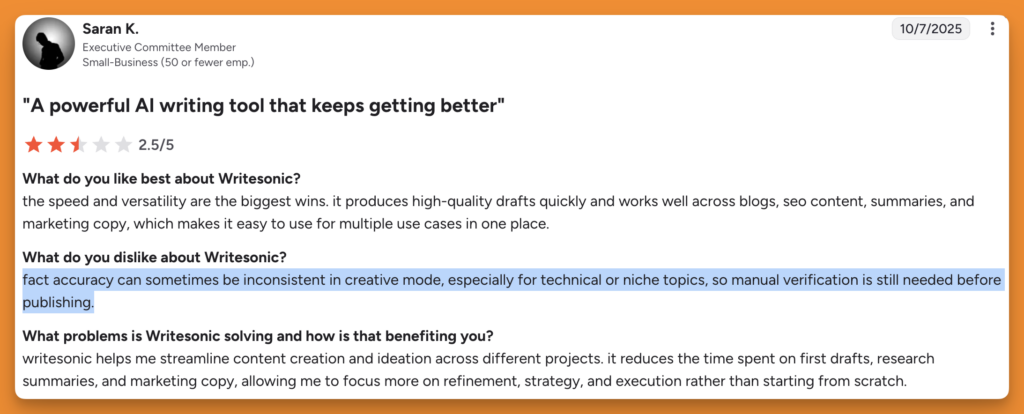 Fact accuracy problems with Writesonic