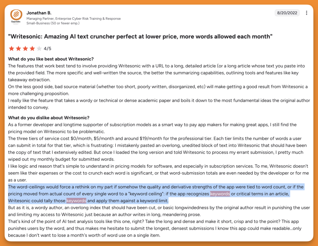 Writesonic word limit review